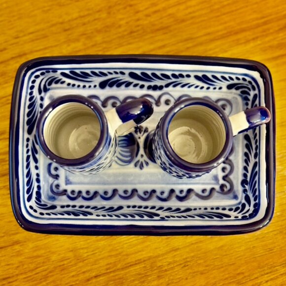 Mexican Talavera Pottery Blue Tray and Two Tequila Glasses - Handmade - Picture 2 of 10